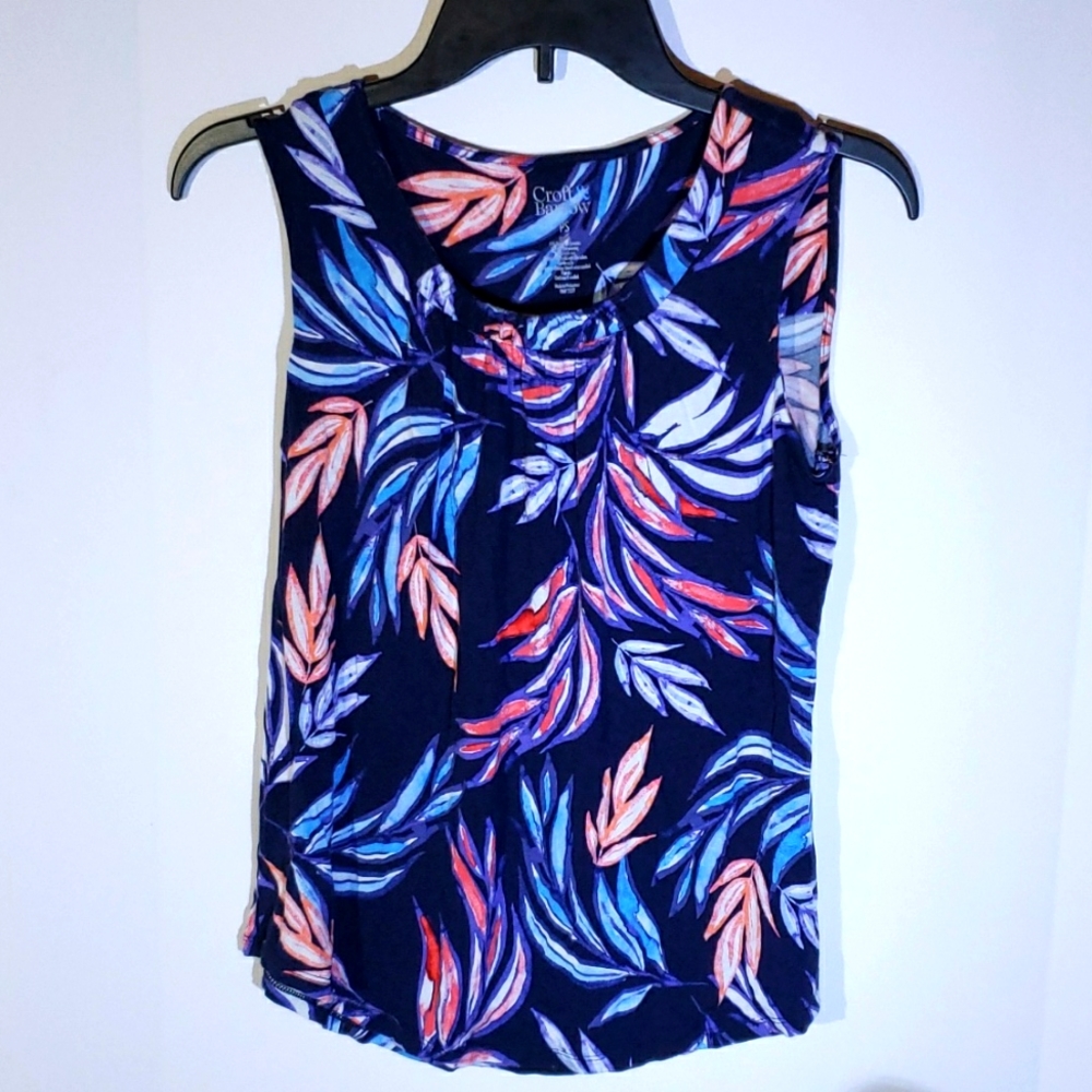 Croft & Barrow Top, Women's PS, Navy Blue with Cool Color Floral Pattern.